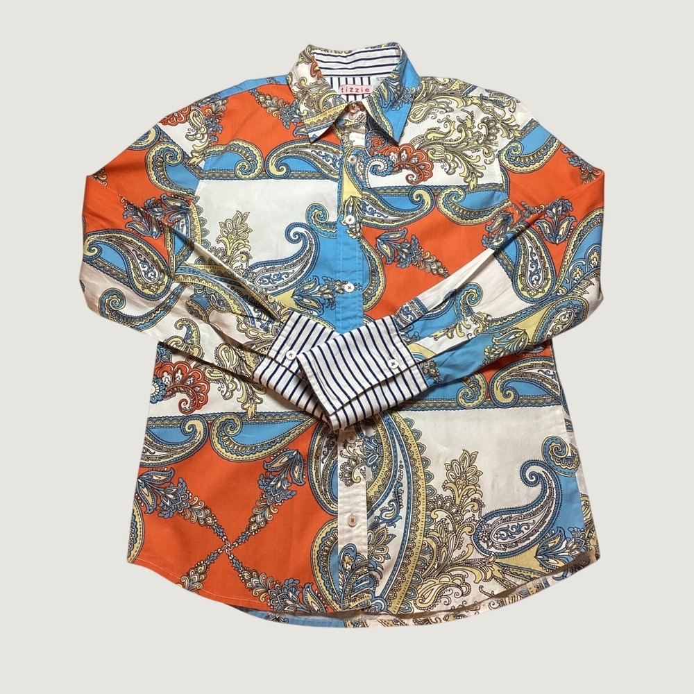 Tizzie Paisley Patchwork Shirt Women Medium Orange Blue Boho Eclectic Preppy Top